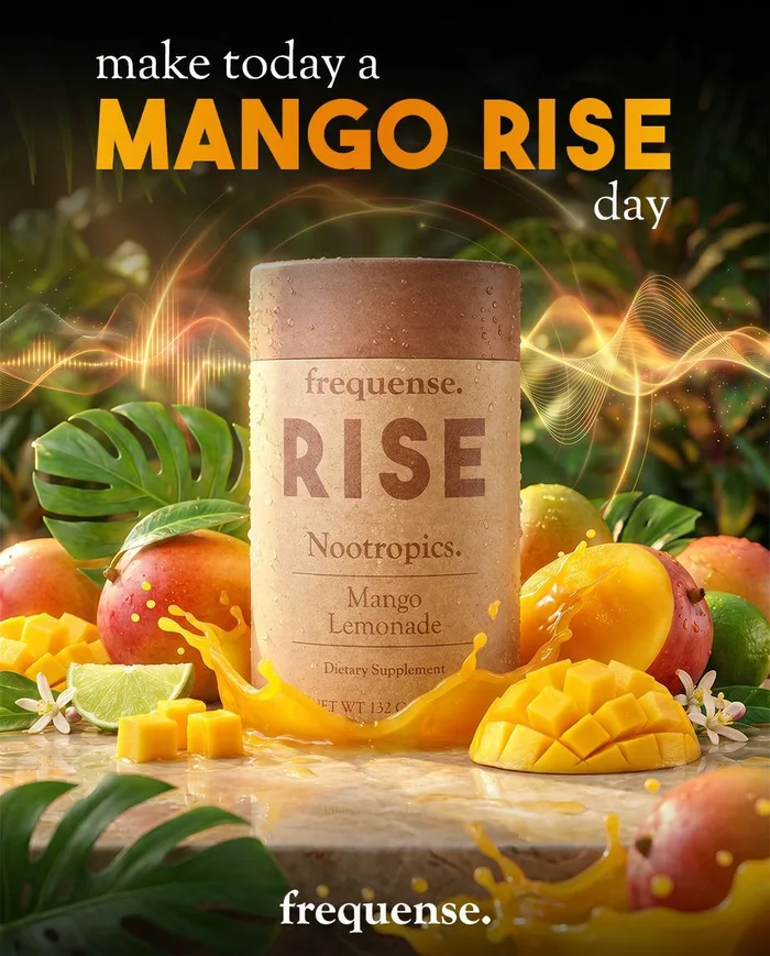 Mango Rise Day graphic with the RISE tub and fruit
