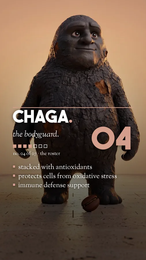 Chaga mushroom character player card, 9:16 format